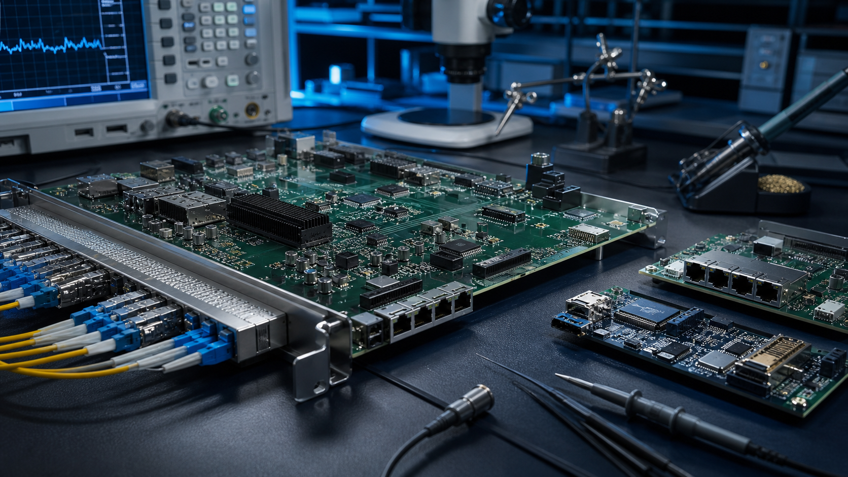 Bancada WTECH com placas eletrônicas verde-escuras, instrumentos de medição e módulos de telecomunicações