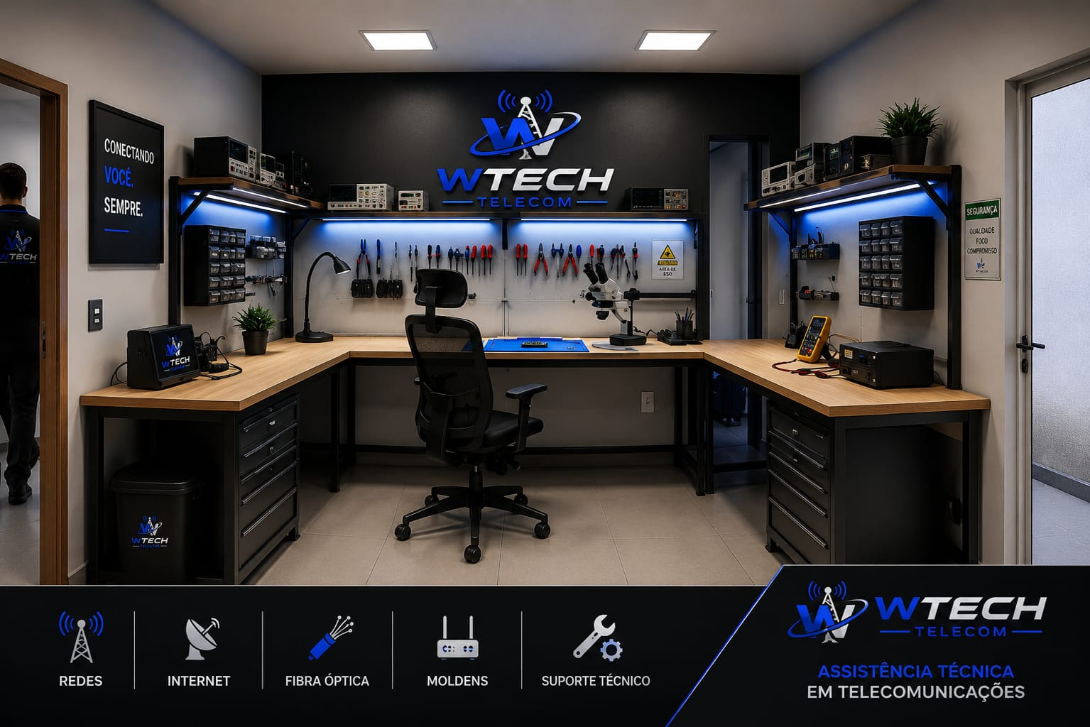 Laboratório moderno da WTECH Telecom com bancada técnica, instrumentos e iluminação azul